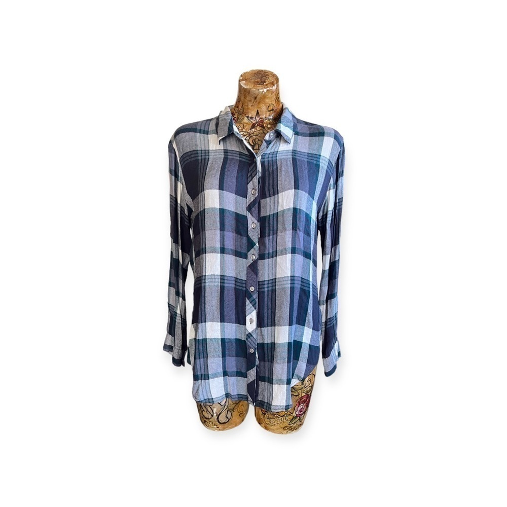 White Crow button down long sleeve blue white plaid top Small